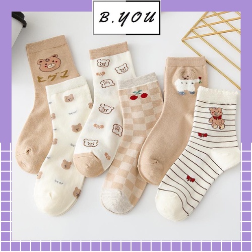 Tất nữ cao cổ gấu màu nâu họa tiết xinh xắn đáng yêu co dãn thấm hút mồ hôi dành cho nữ