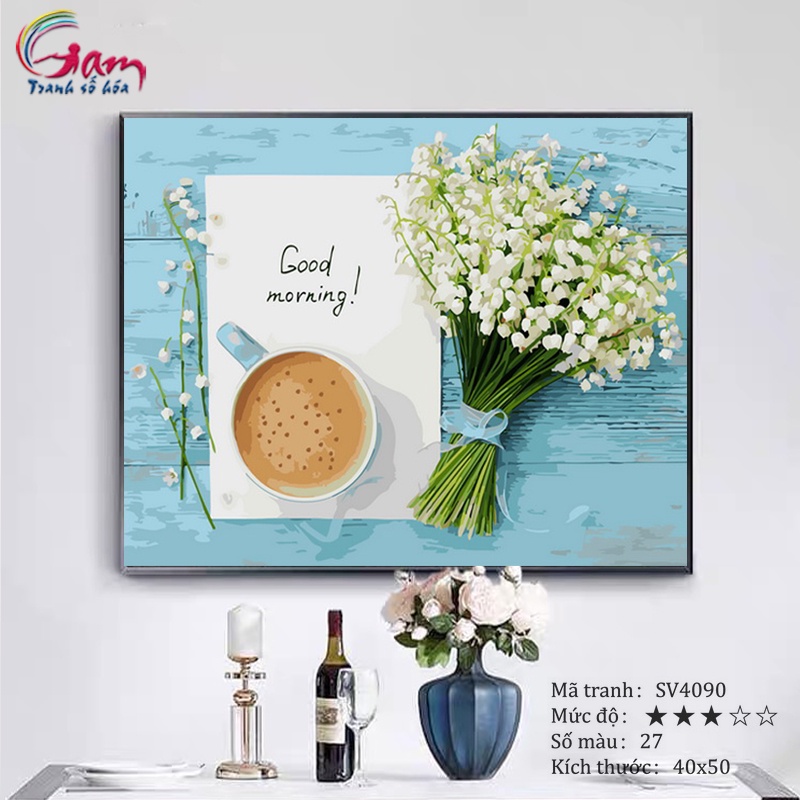 Tranh sơn dầu số hóa tự tô màu theo số Gam Cà Phê Sáng Và Hoa căng khung dày 2,5cm size 40x50cm SV4090