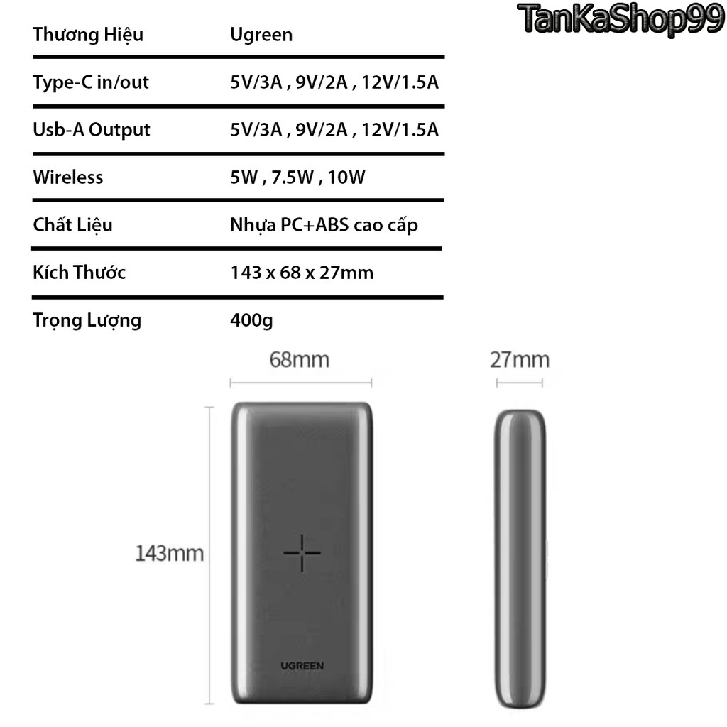 Pin Dự Phòng Kiêm Sạc Không Dây Ugreen 20.000mAh PB135 60507