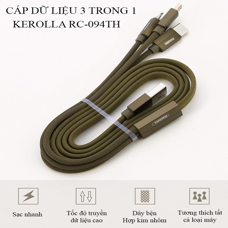 Cáp Sạc Điện Thoại⚡ Bảo Hành 12 Tháng ⚡ Cáp Sạc 3 Đầu 𝓡𝓔𝓜𝓐𝓧  3 Trong 1 Hỗ Trợ Sạc Nhanh Cho Các Dòng Iphone, Sam Sung...