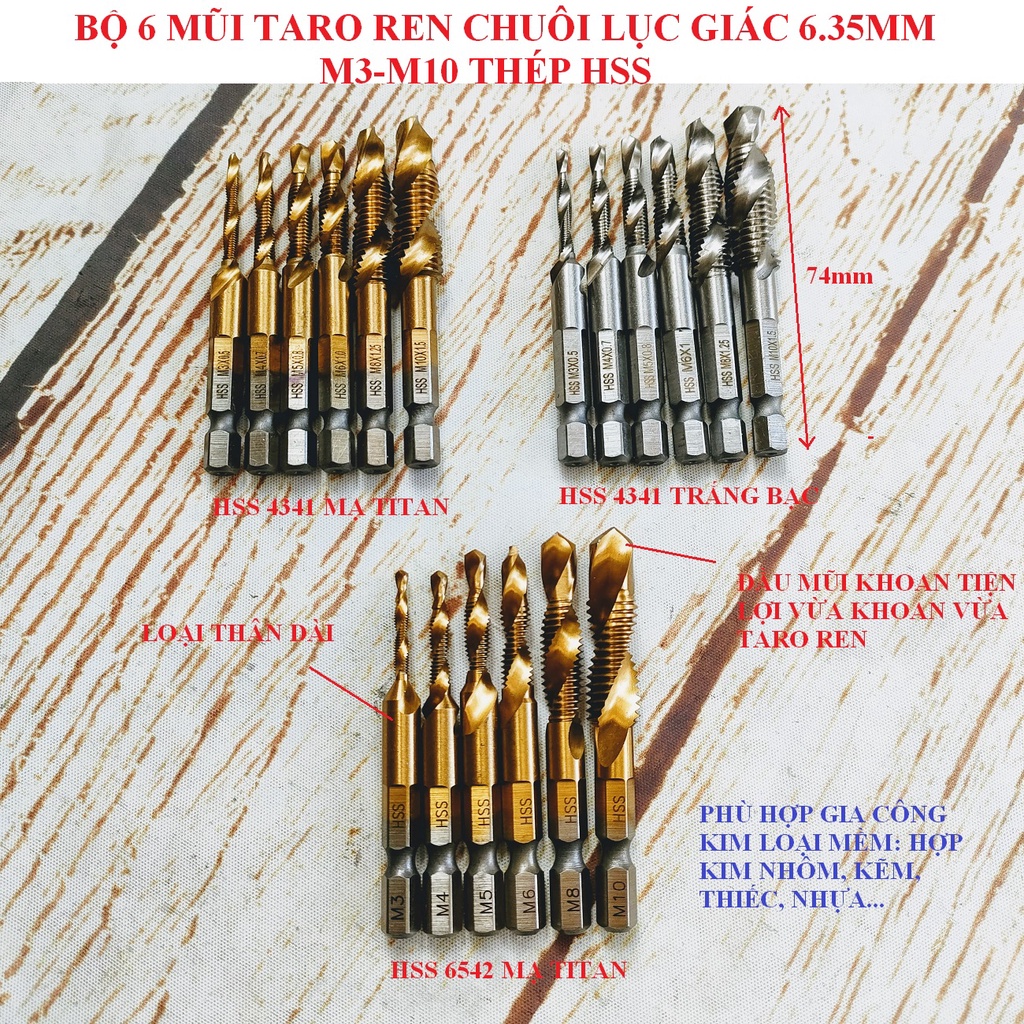 SV Bộ 6 mũi khoan taro ren M3-M10 chuôi lục giác thép HSS 4341 - HSS 6542