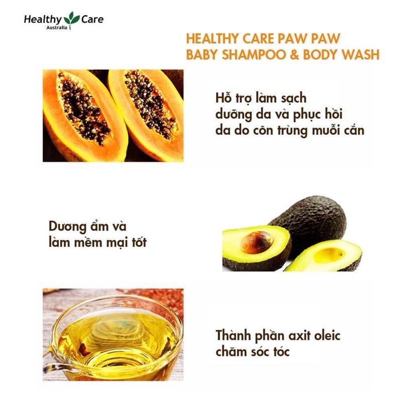 Sữa tắm gội Healthy Care Paw Paw Baby tinh chất đu đủ lành tính, hỗ trợ phòng chống rôm sảy, viêm da ở trẻ sơ sinh