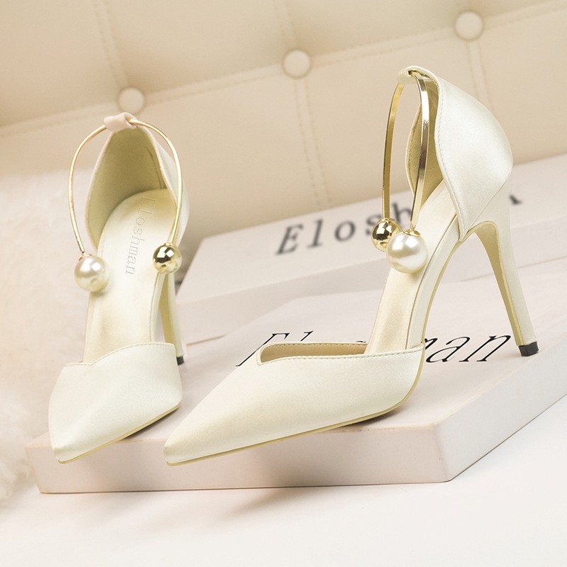 9219-73 Fashion Wedding Women's High Heel Shoes shallow Satin Hollow Metal Nightclub With A Word Wedding High Heel Shoes