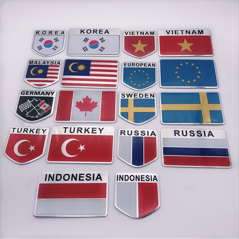 Tem Nhôm dán xe ngũ giác 5x5cm hình cờ các nước Hàn, Indo, Châu âu, Malai, Nga, Tây Ban Nha...