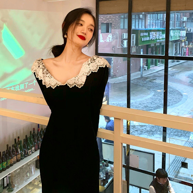 Đầm nhung đen tay dài xẻ tà phối ren quyến rũ thời trang kiểu Pháp cho nữ 2021