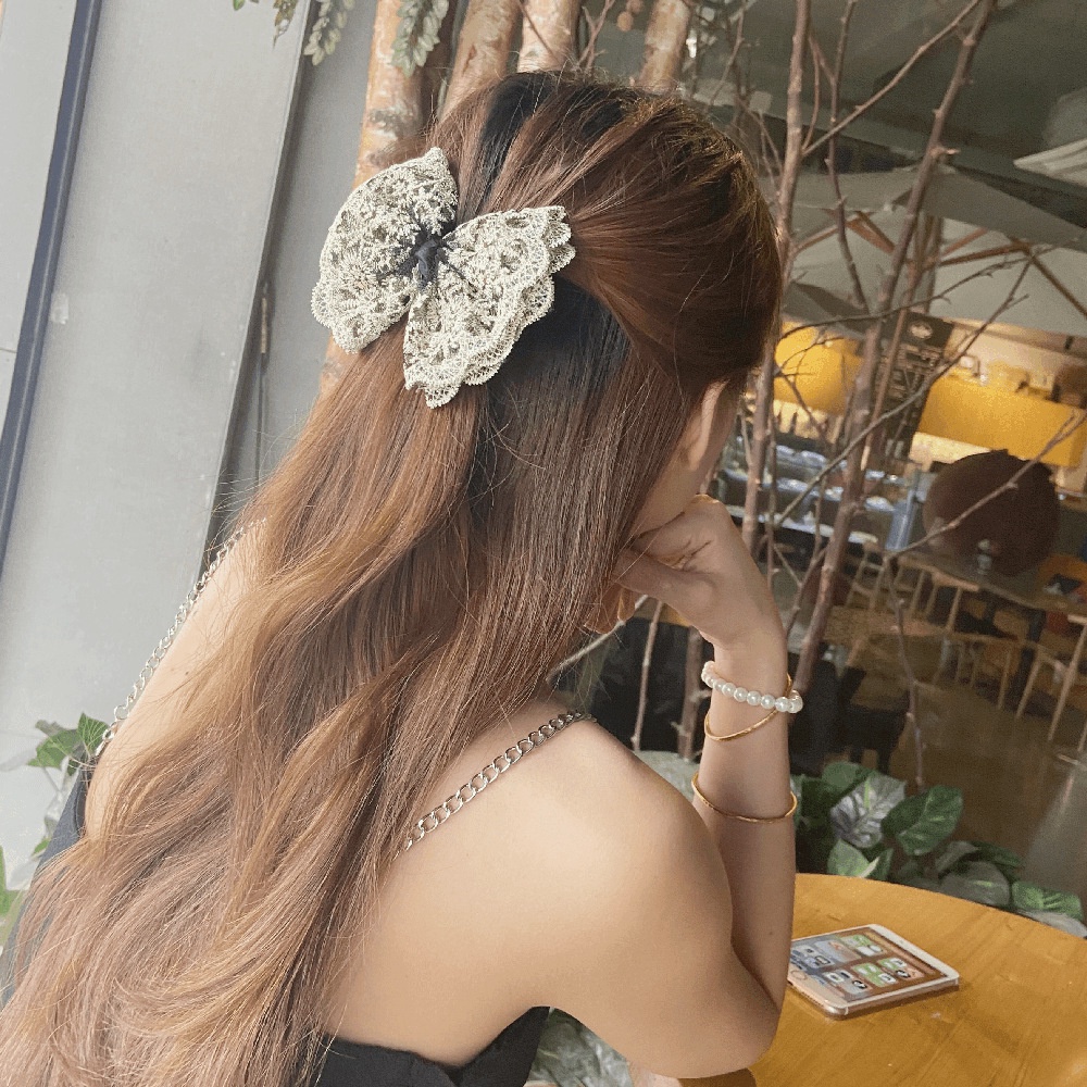 Kẹp tóc nơ tiểu thư ren nhũ kim tuyến sang trọng TILUCA KEP39