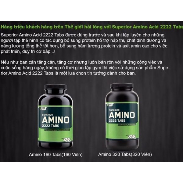 ON Optimum Nutrition Superior Amino 2222 Tabs -  Viên uống tăng cường cơ bắp và phục hồi năng lượng 320 viên