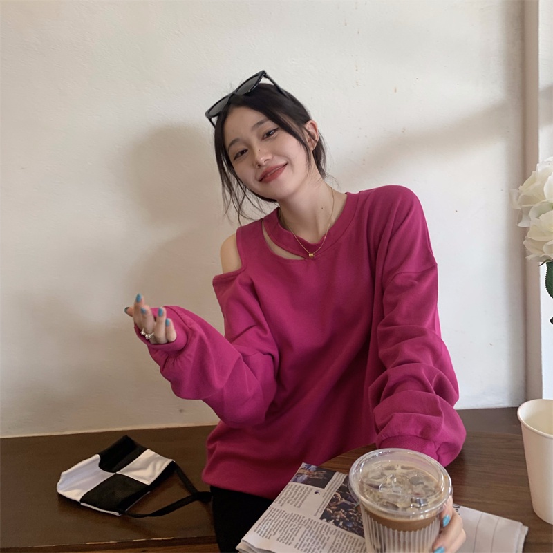 Áo Thun Tay Dài Cổ Tròn Hở Vai Dáng Rộng Thời Trang Mùa Thu Phong Cách Hàn Quốc 2 Màu Tùy Chọn Cho Nữ | BigBuy360 - bigbuy360.vn