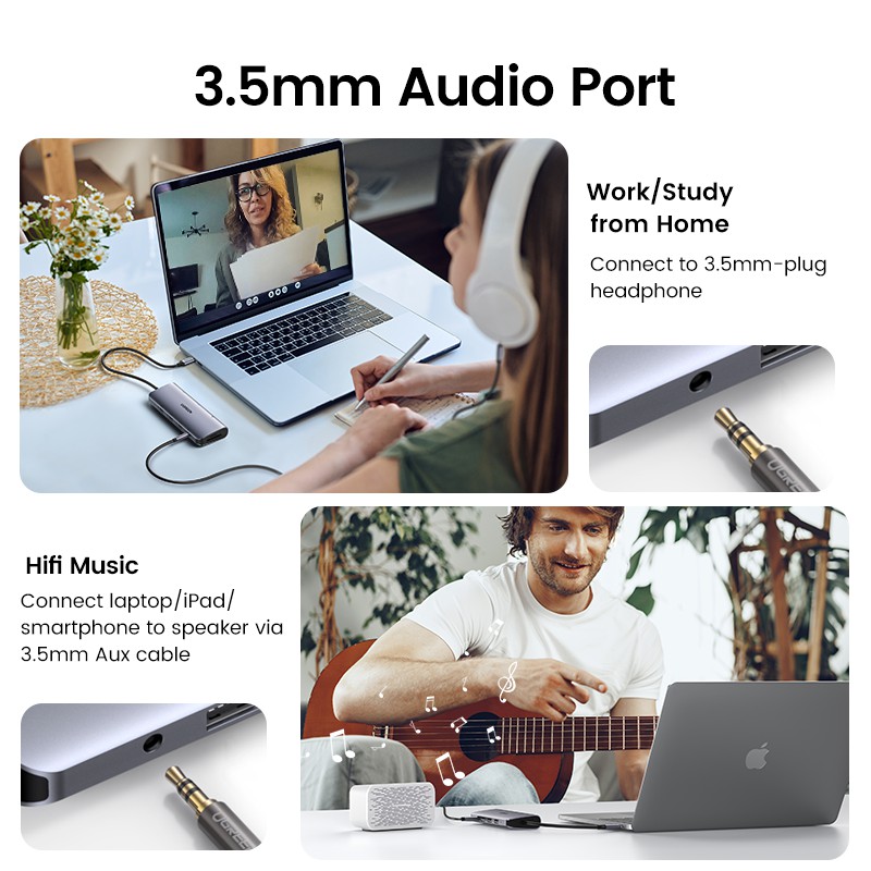 Ugreen Hub Chia Cổng USB 3.0 Sang Đầu Đọc Thẻ SD / TF 4K / HDMI VGA PD 3 Cổng USB 3.0 3.5mm Cho MacBook / Pro / Air / Type C / Laptop