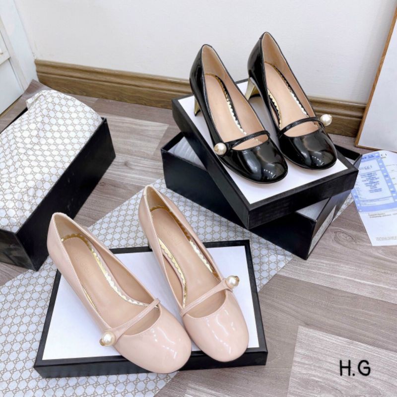 H(ẢNH THẬT) Giày Cao Gót 5p Gót Vàng Hạt Ngọc Da Bóng Mềm Êm Dễ Đi Fullbox Bill Túi Cao Cấp