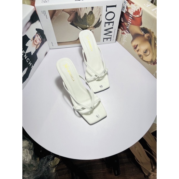 Giày gót kẹp trơn ngang 7cm 3 màu trắng đen kem cho các nàng