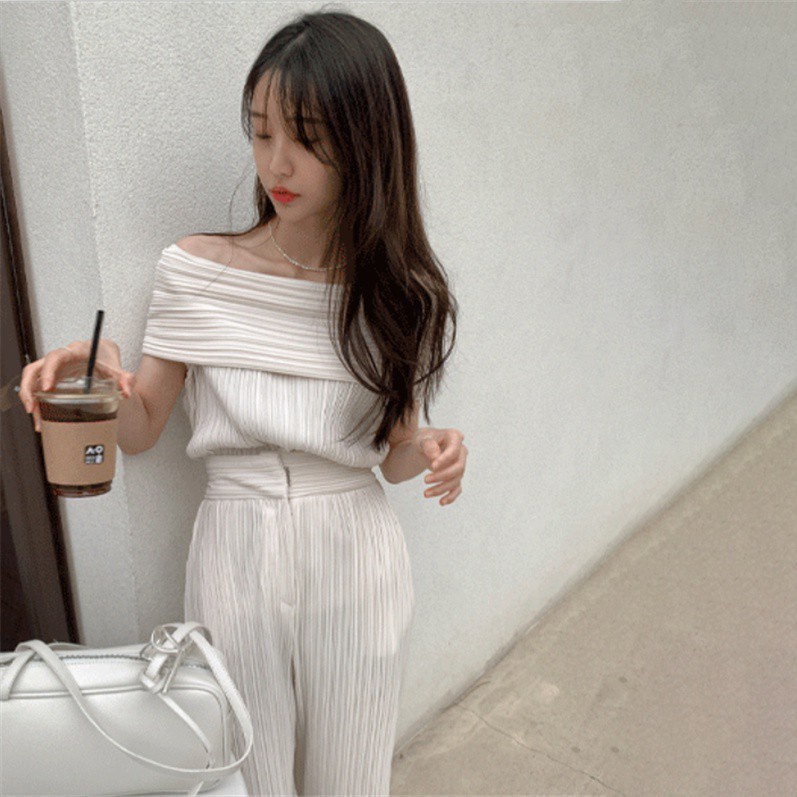 Lightly Mature off-Shoulder Pleated Top+Split Chiffon Wide-Leg Pants Fashion Socialite Elegant Outfit Women's Summer