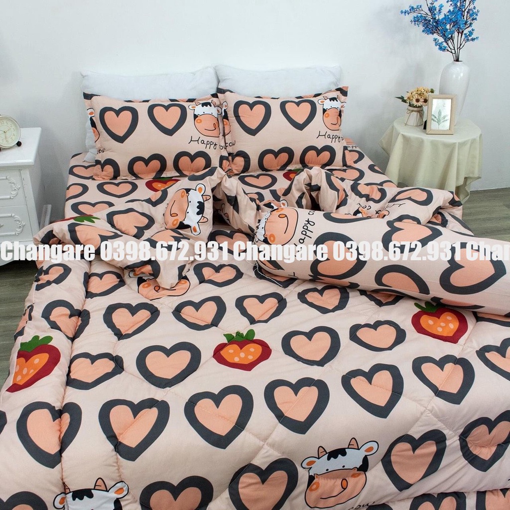 Bộ chăn ga gối cotton Poly Bò trái tim cute mẫu mã đa dạng đủ kịch thước m6 m8 2m2
