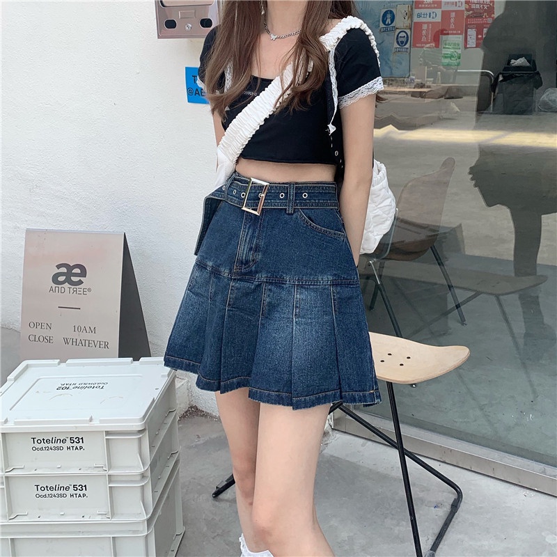 Xiaozhainv Chân Váy Jeans Chữ A Lưng Cao Kèm Dây Nịt Phong Cách Vintage