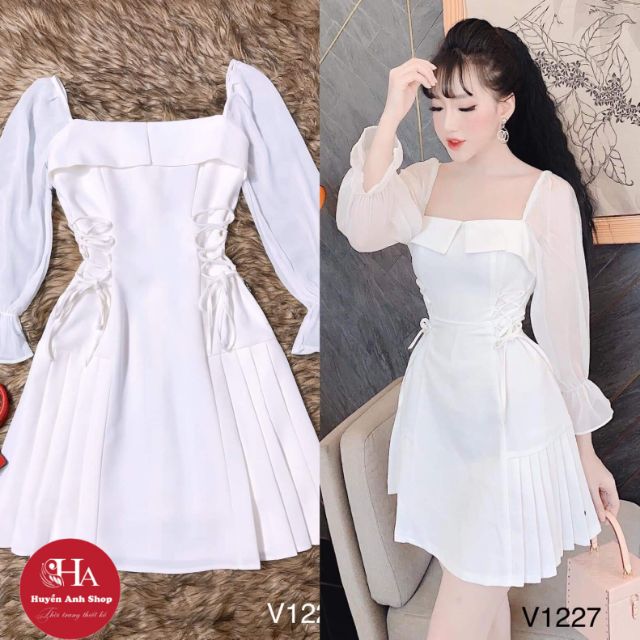 Váy trắng dây đan eo thiết kế V1227 DVC- kèm ảnh thật shop chụp