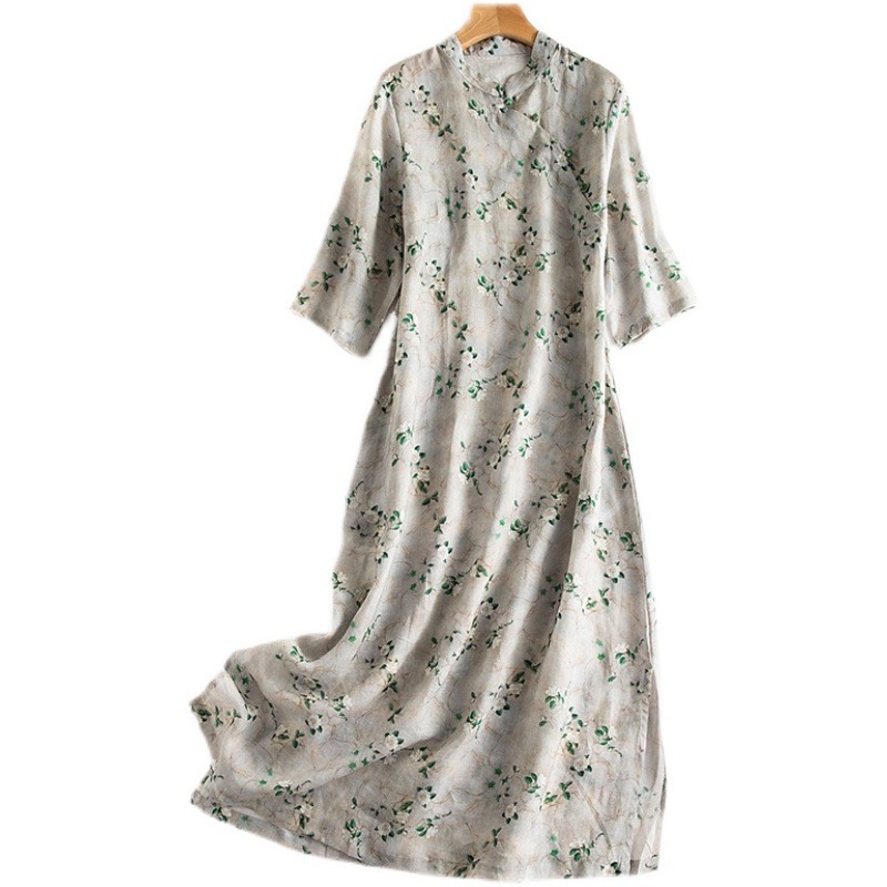 Đầm Sườn Xám Cách Tân Dáng Dài Bằng Vải Cotton Lanh In Hoa Phong Cách Trung Hoa Dành Cho Nữ
