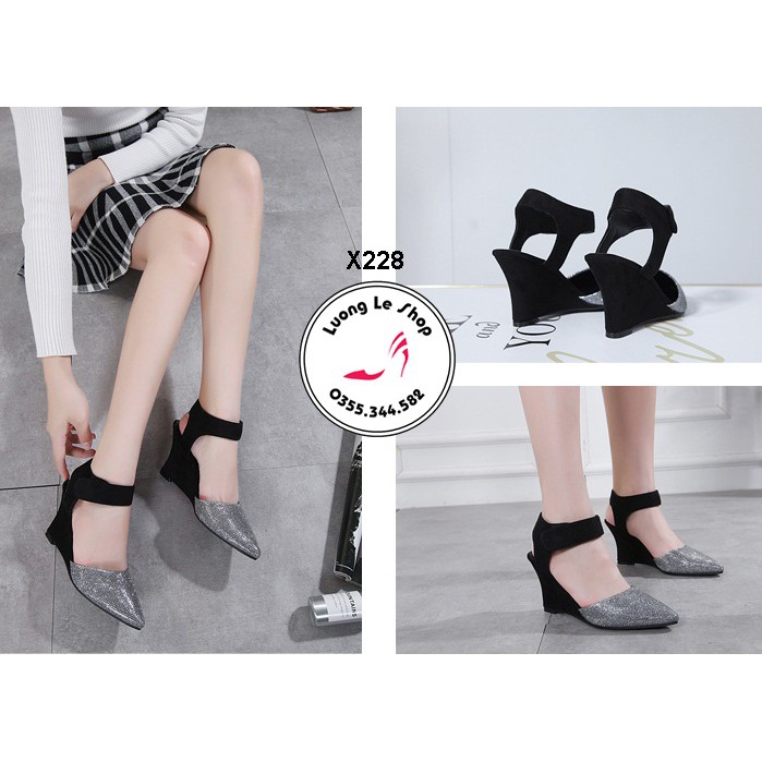 Sandal đế xuồng 9cm mũi nhọn da lộn phối màu quai vòng cổ chân  6 màu đen  nhũ đen nhũ vàng nhũ bạc ms X228