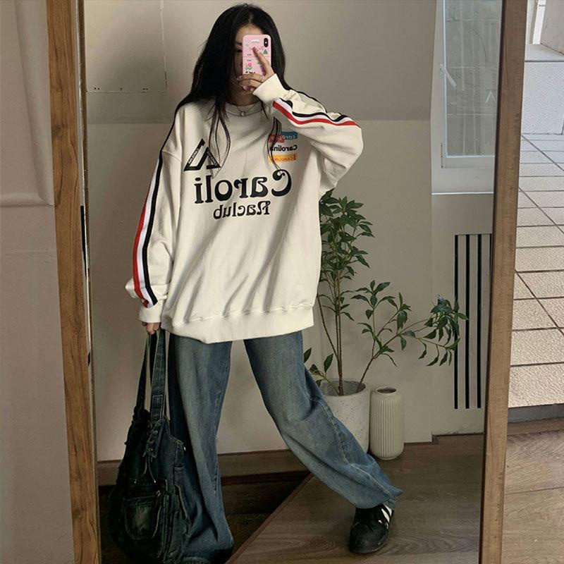 Jennie cùng phong cách cổ tròn in chữ Mỹ thời trang mùa thu cặp đôi váy cotton(cotton nguyên chât)