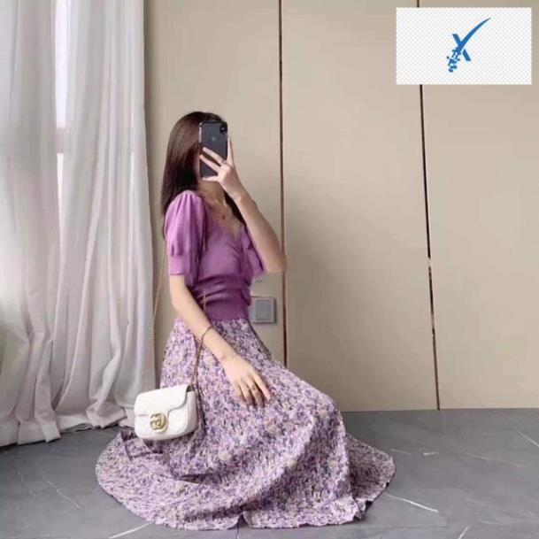 👰🤵 Set trang phục áo thun tím nhún ngực tay ngắn + chân váy maxi hoa nhí (kèm ảnh thật) 👰🤵