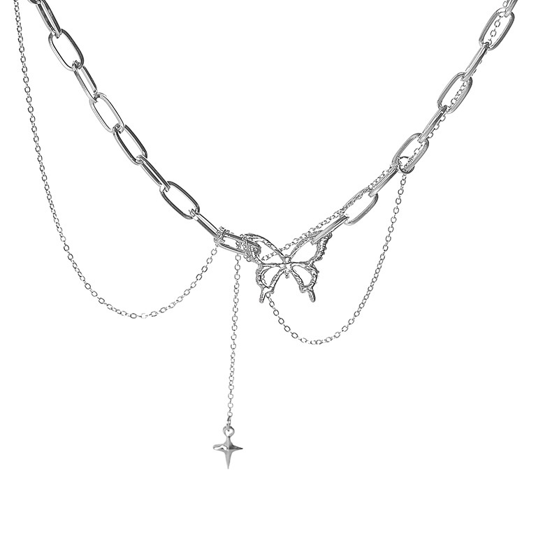 Vòng cổ dây xích kép phối mặt hình bướm phong cách punk Hàn Quốc thời trang cho nữ