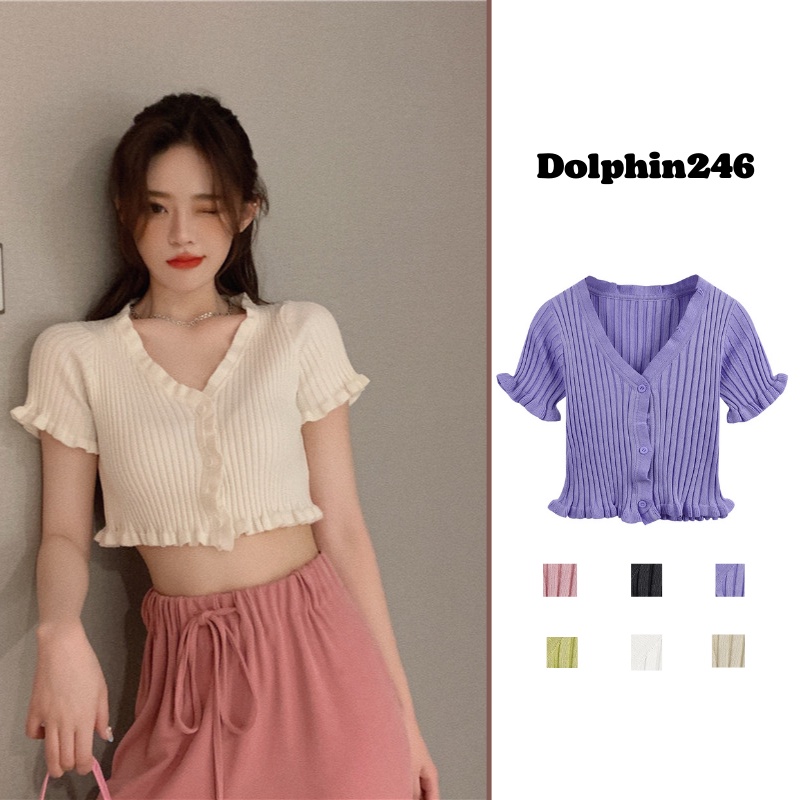 Áo Croptop phông nữ sexy dệt kim blackpink Ngắn Tay Cổ Chữ V Màu Trơn Phong Cách Hàn Quốc K5T3-2
