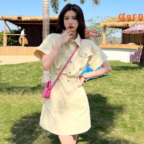 Đầm Denim Tay Ngắn Dáng Chữ a Phong Cách Retro Thời Trang Mùa Hè Cho Nữ