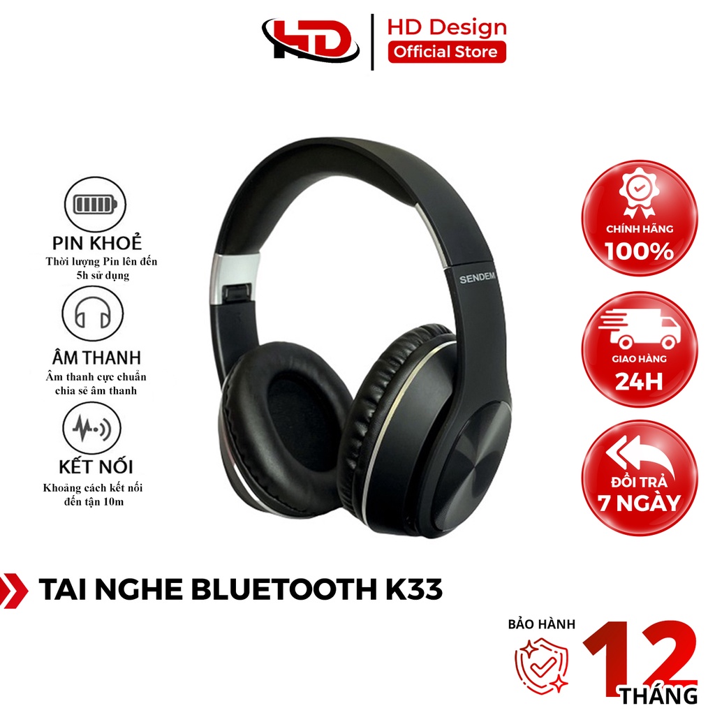 Tai Nghe Bluethooth Chụp Tai K33 , Âm Thanh Cực Chất - Pin Trâu - Có Khe Cắm Thẻ Nhớ - Chính Hãng HD DESIGN