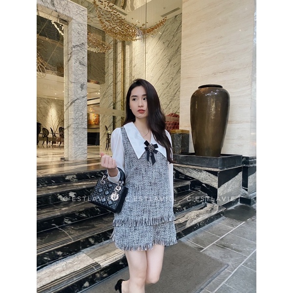 Set tweed ghi đen thiểu thư kèm nơ