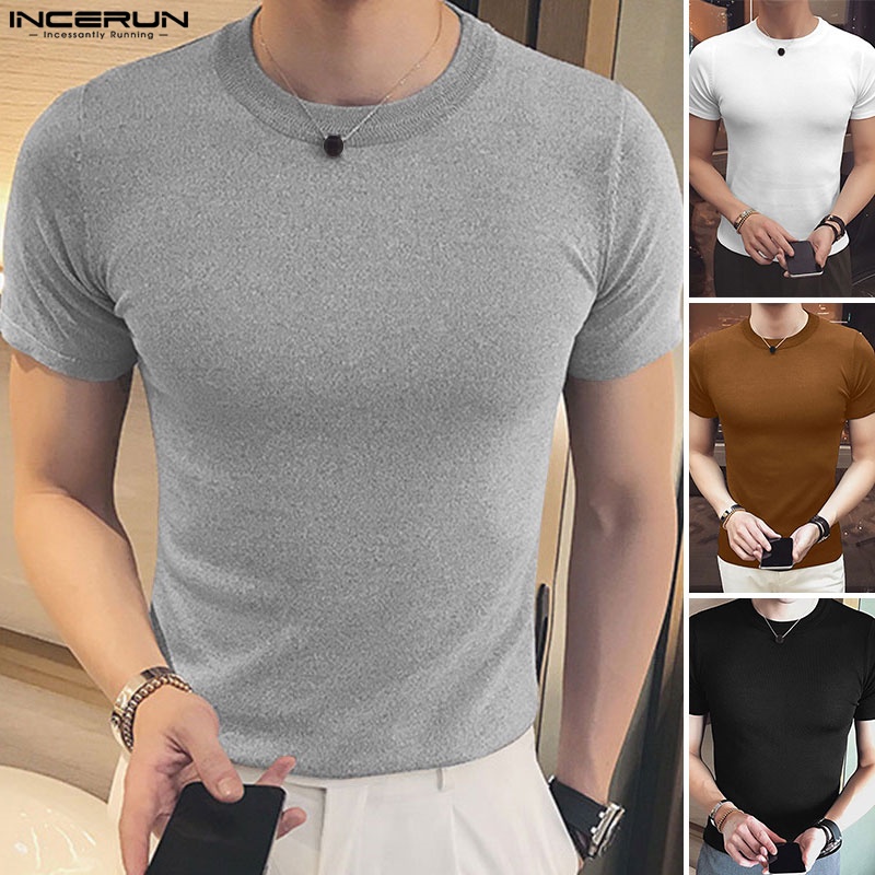 Áo thun tay ngắn cổ tròn INCERUN 4 màu thiết kế đơn giản cho nam