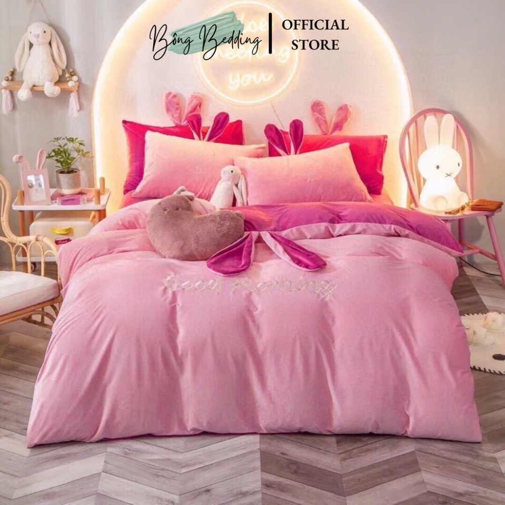 Bộ Chăn Ga Gối Nỉ Nhung Tai Thỏ Siêu Đáng Yêu Vải Nỉ Mềm Mịn | BigBuy360 - bigbuy360.vn