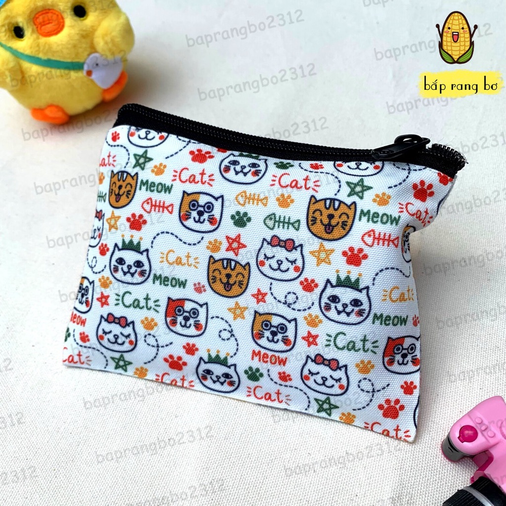 Ví vải canvas mini nhỏ in hình mèo cute để chìa khóa thẻ