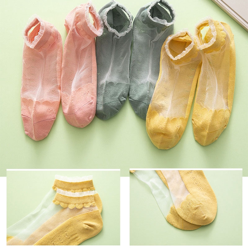 Lace Reffles Thin Girls Sheer Socks Japanese Sweet Transparent Glass Silk Cool Female Low Top Socks Candy Color Women Sexy Socks