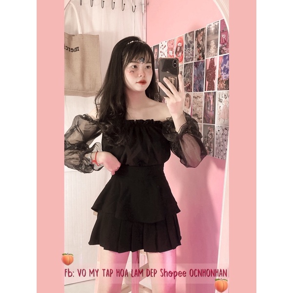 Set áo bẹt vai tay voan phối chân váy tầng xoè