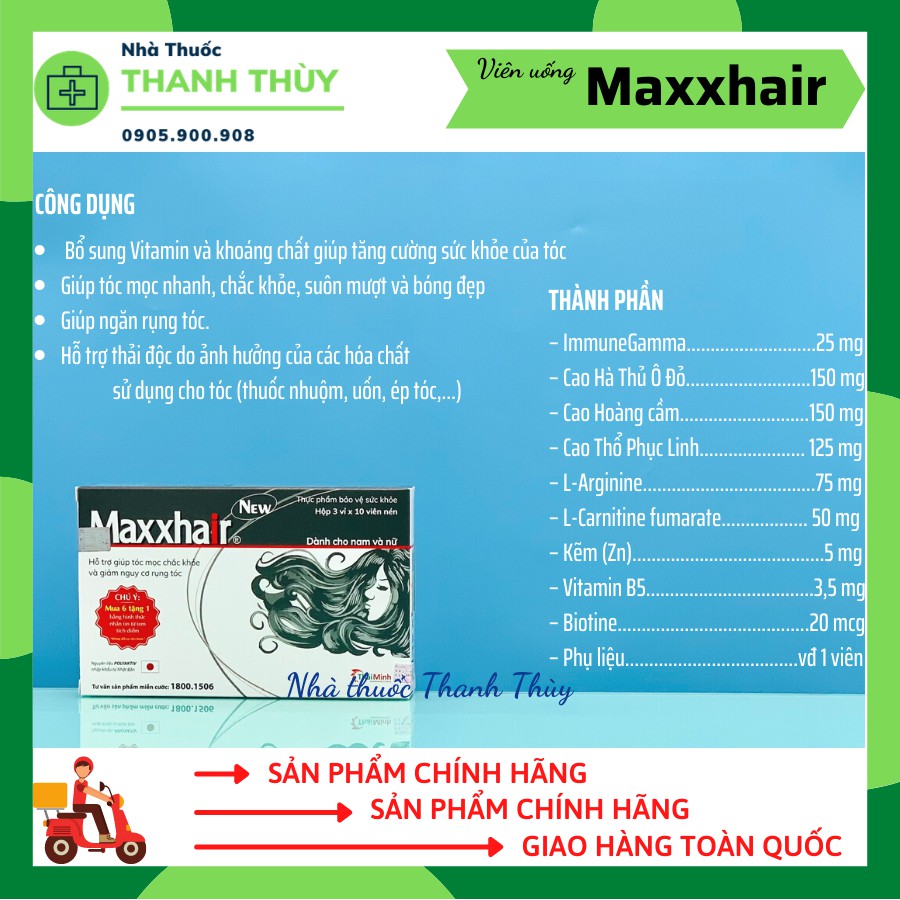 🅼🆄🅰𝟔 🆃🅰🅽🅶 𝟏 Viên Uống MAXXHAIR [Hộp 30 Viên]  Ngăn Rụng Tóc, Kích Thích Tóc Mọc Nhanh,  Giúp Tăng Cường Sức Khỏe Của Tóc