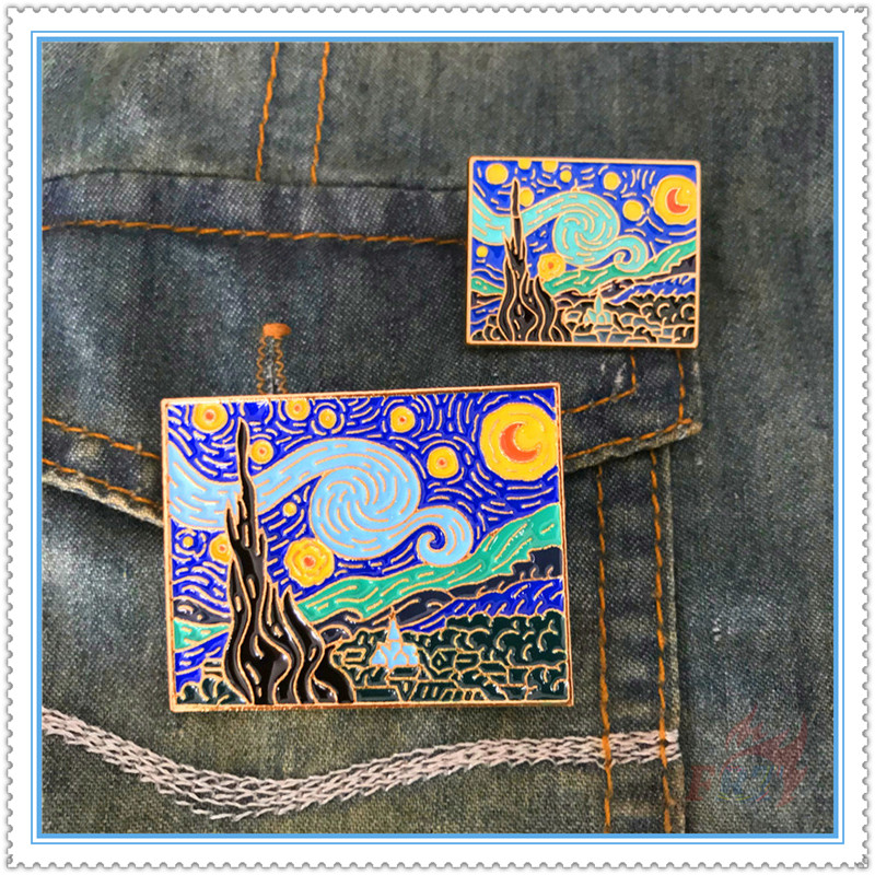 ★ The Starry Night Square Brooches ★ 1Pc Vincent Van Gogh Fashion Doodle Enamel Pins Backpack Button Badge Brooch（2 Sizes）