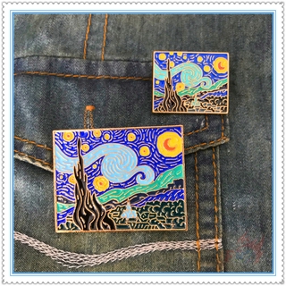 ★ The Starry Night Square Brooches ★ 1Pc Vincent Van Gogh Fashion Doodle Enamel Pins Backpack Button Badge Brooch（2 Sizes）