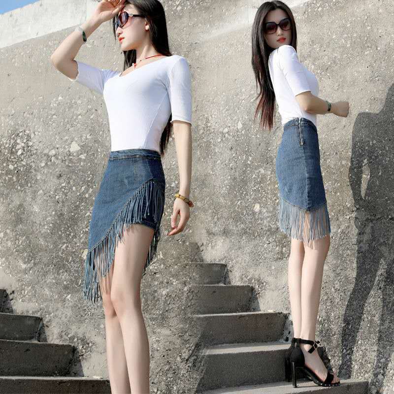 Chân váy jean phối vải tua rua phong cách Hàn Quốc