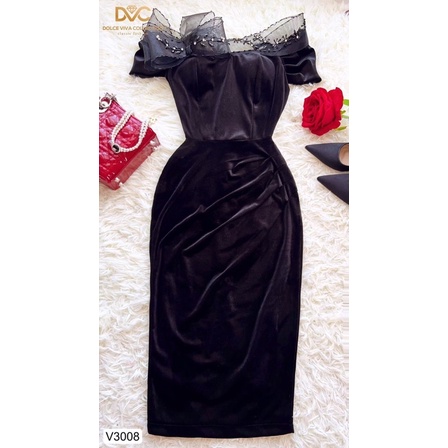 V3008 váy body trễ vai nhung đen