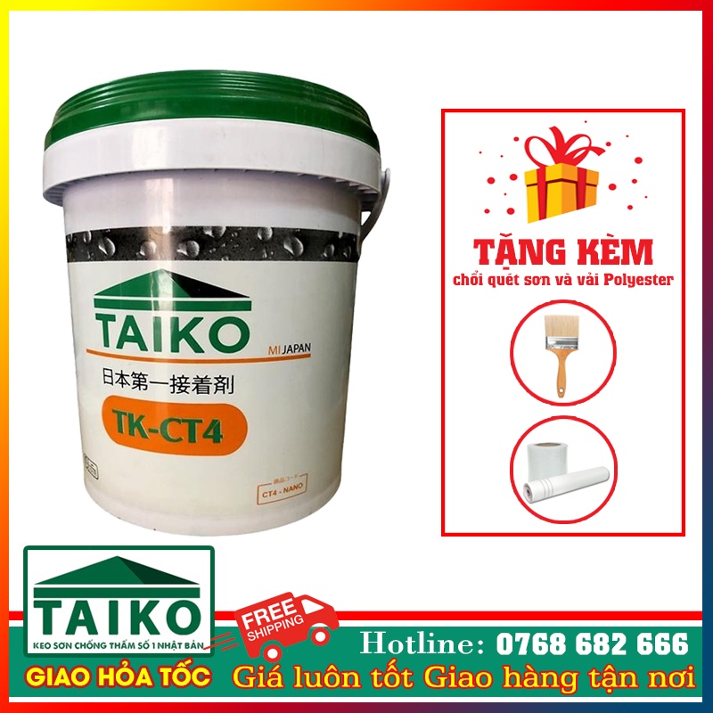 Keo Quét Sơn Chống Thấm TAIKO CT4 Thùng 10 Lít Cho Nhà Vệ Sinh, Bể Cá Bể Âm + Tặng Chổi, Lu, Vải Kết Cấu