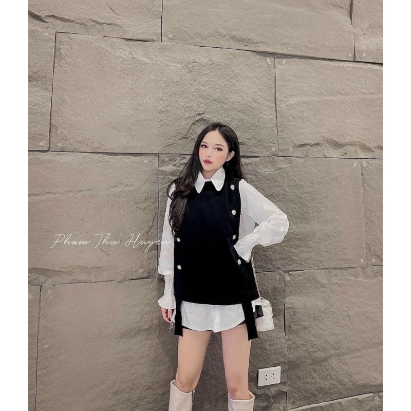Set áo sơ mi + gile len đính khuy siêu xinhh