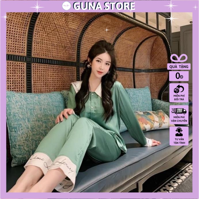 Set bộ ngủ pijama lụa đáp chữ cổ lá nhọn dài tay quần dài LP5.