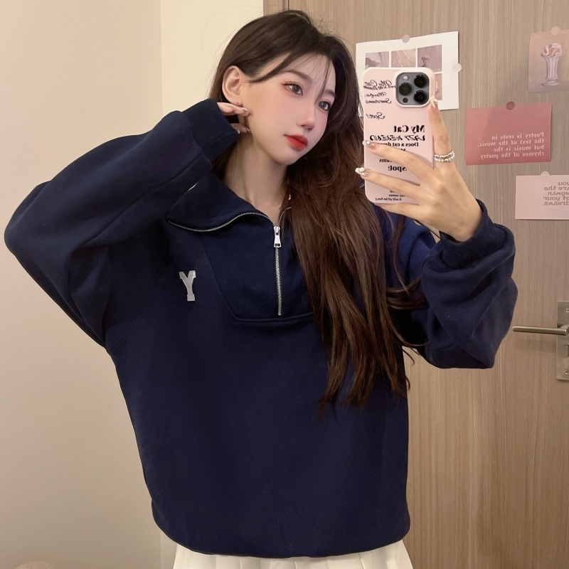 ZHELIHANGFEI Áo Thun POLO Tay Dài Có Dây Kéo Với Họa Tiết Thêu Theo Phong Cách Preppy Hợp Thời Trang