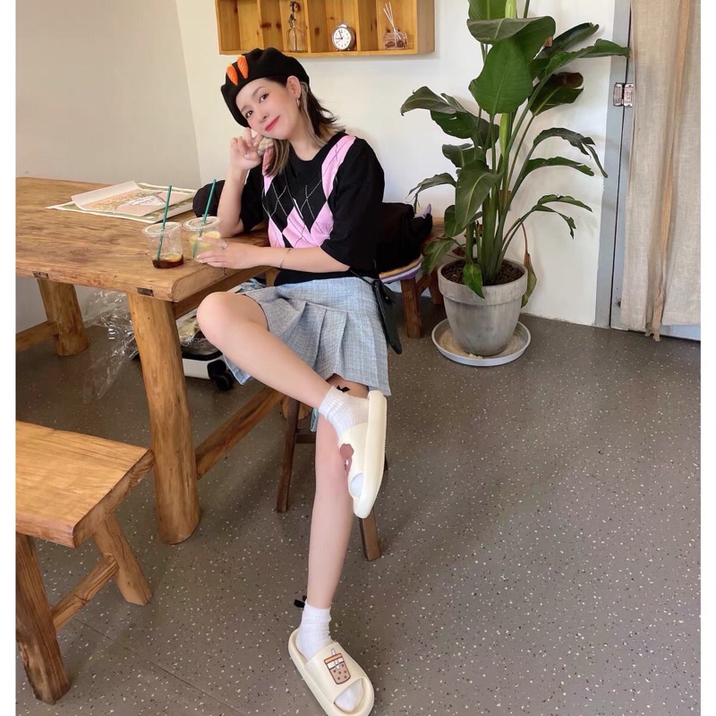 Dép bánh mì hoạt hình gấu và trà sữa dễ thương cho nữ  đế cao chống trơn trượt kèm ảnh thật