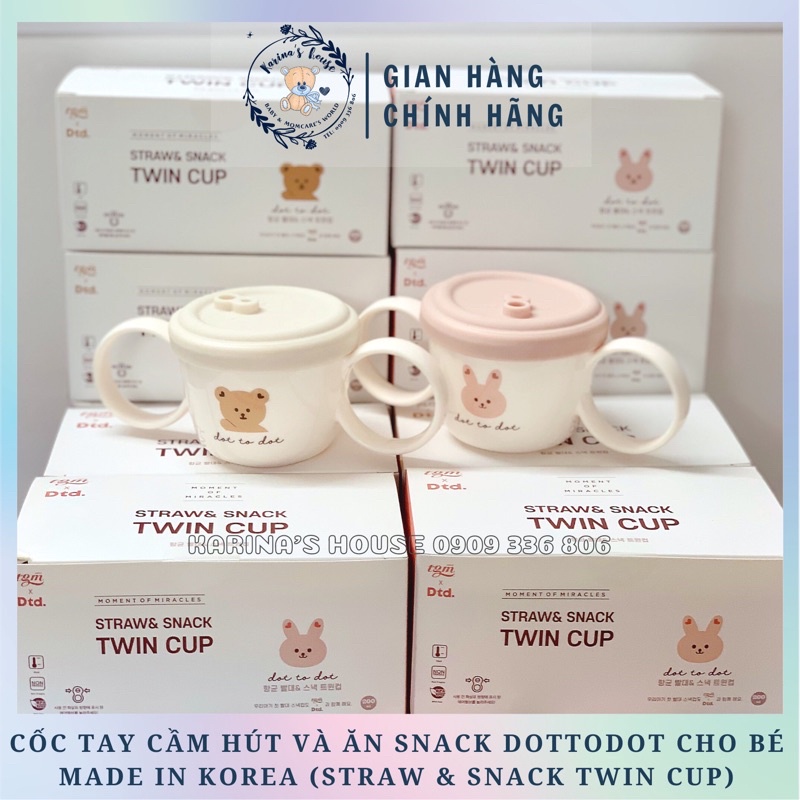 Cốc tay cầm hút và ăn snack Dottodot cho bé Made in Korea (straw &amp; snack Twin cup)