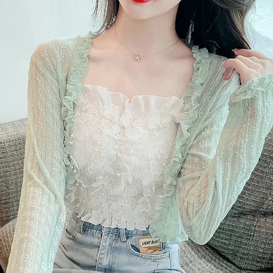 Áo Khoác Cardigan Ren Mỏng Dáng Ngắn Thời Trang Mùa Hè