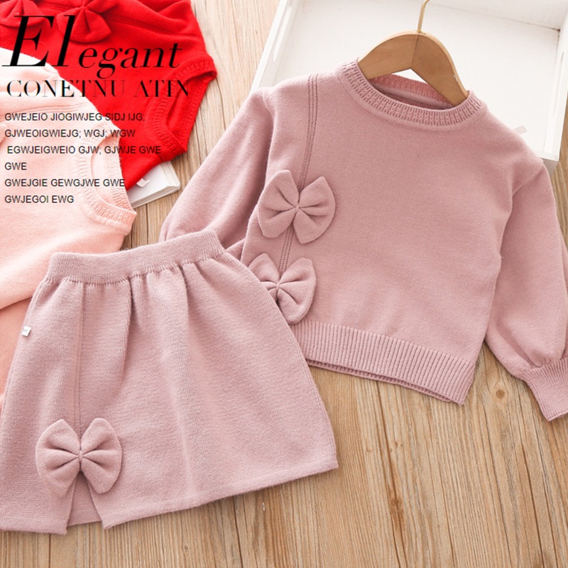 Bộ Áo Sweater Dệt Kim Giữ Ấm Đính Nơ Phối Chân Váy Dễ Thương Thời Trang Thu Đông Cho Bé Gái
