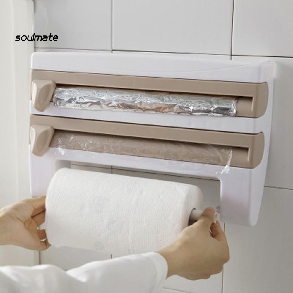 SOU Cling Film Storage Rack Roll Paper Towel Holder Shelf Wrap Cutter Kitchen Tool