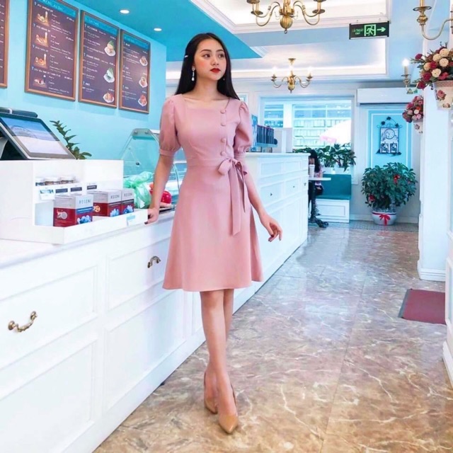 Đầm hồng cổ U nút bọc v2 (KÈM HÌNH THẬT) | BigBuy360 - bigbuy360.vn