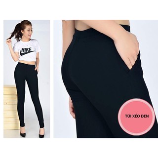Quần legging thun cotton kiểu trơn 2 túi xéo vải co dãn tốt
