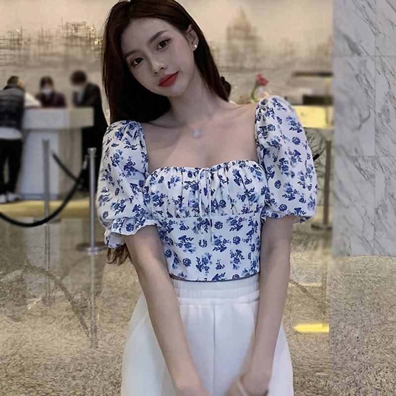 Áo Croptop Áo Kiểu Nữ Tay Phồng Cổ Vuông Họa Tiết Hoa Xinh Xắn Phong Cách Hàn Quốc